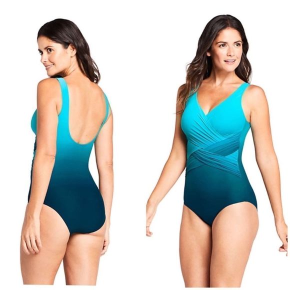 Land’s End Slenderize one piece soft cup navy green teal ombré swimsuit 8 DD - Picture 1 of 8